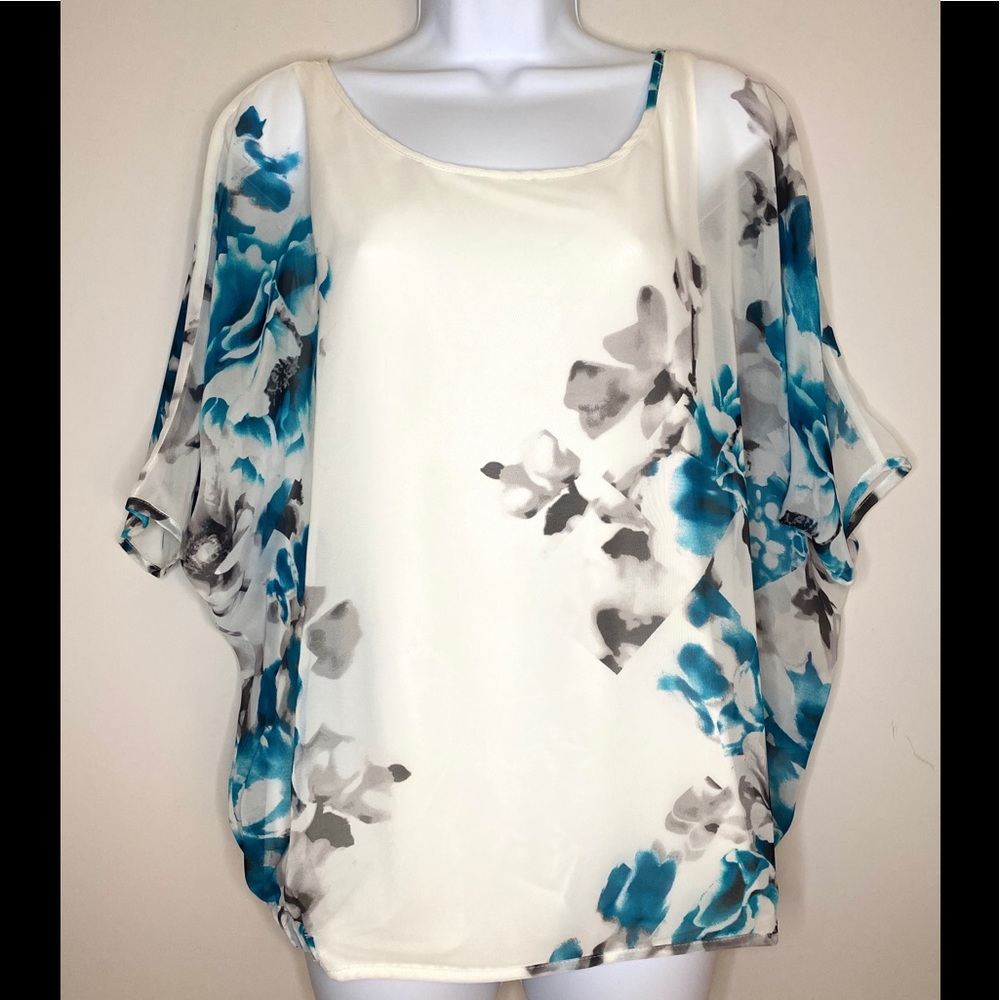 WHBM Floral Blouse, Turquoise & White, Med,Great